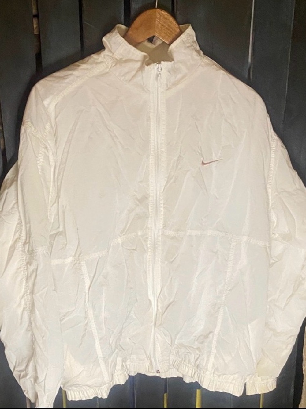 Vintage 90s Nike White windbreaker jacket XL pink swoosh spellout caped back